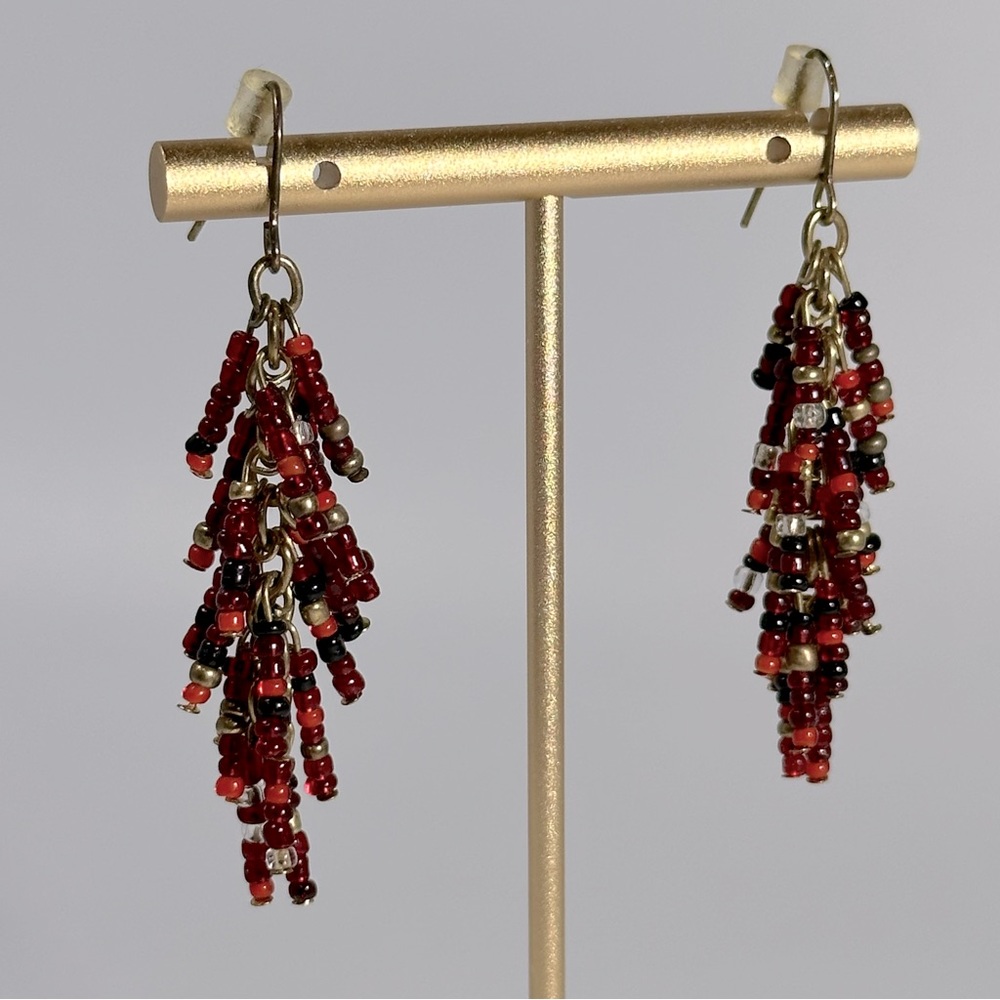 Red & Black Seed Bead Tassel Boho Dangle Beaded Earrings